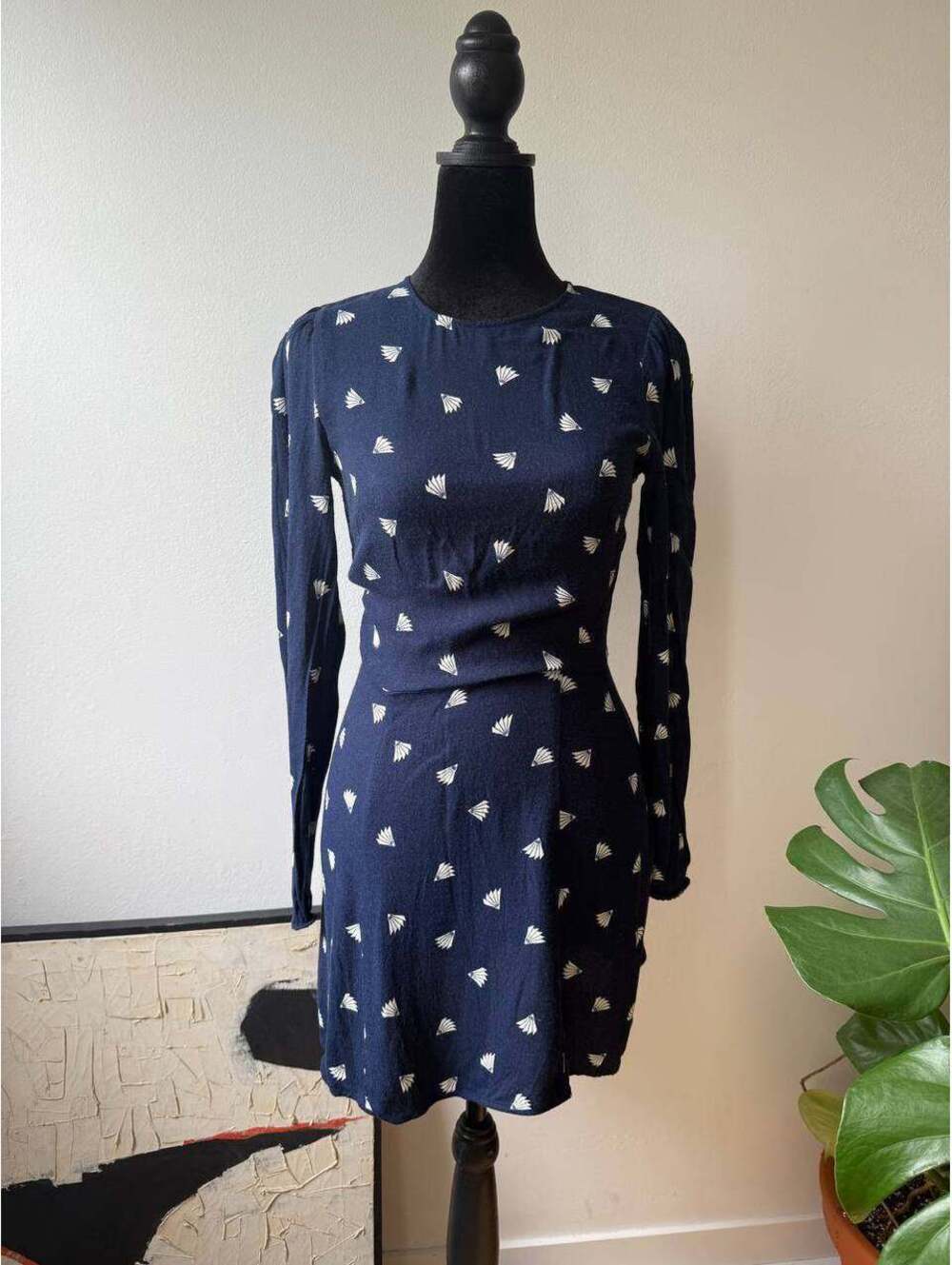 Reformation Navy Fan Print Long Sleeve Mini Dress Size 0
